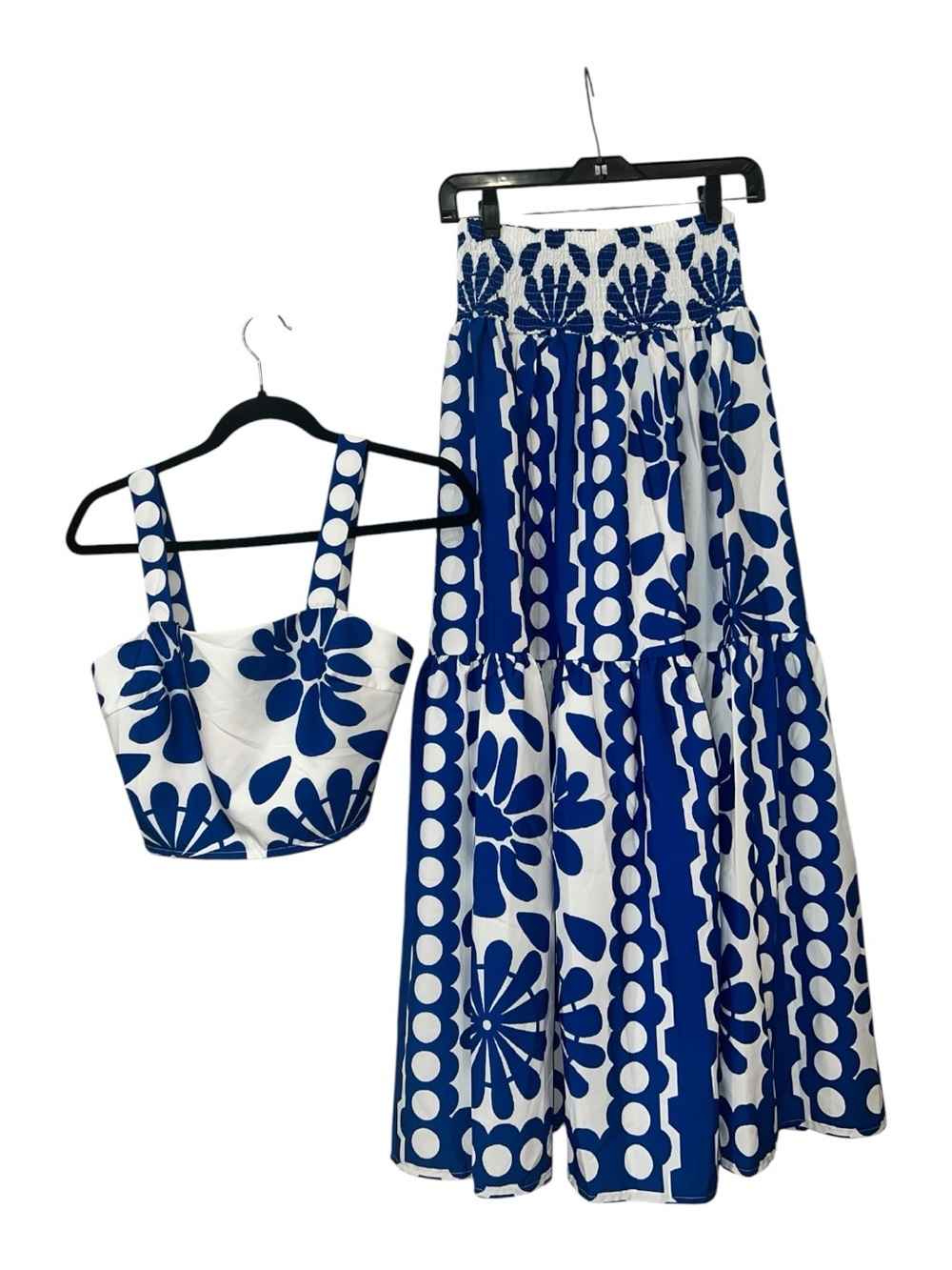Commense White Maxi Skirt and Crop Top Set with Blue Floral Print - Picture 2 of 12